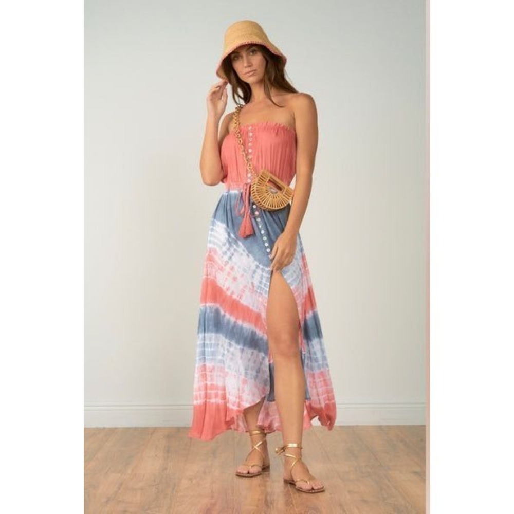Elan Boho Strapless Tie Dye Maxi Dress Coral Blue Button Front Tassel PTP:14-19